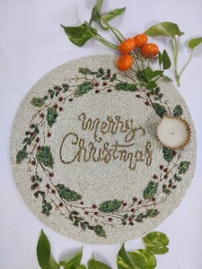 Handmade Beaded Christmas Placemat – Round “Merry Christmas” Set of 2 Table Mat - Picture 1 of 6