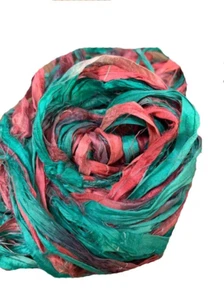 Recycled Sari Silk Ribbon Yarn -Green, Red Shaded -50 GMS - Boho Ribbon - Silk - Picture 1 of 5