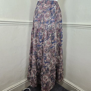 Maxi gonna a strati Evie Paisley 100% cotone anni 70 boho UK 14 Y2k - Foto 1 di 12