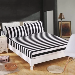 3-teiliges Queen Size Spannbettlaken-Set weiß und schwarz Streifen - Bild 1 von 5