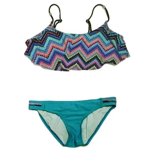 XHILARATION Damen Blau Rosa Zick Zack Volant Bikini Oberteil Aqua Unterteil Gefüttert Gr. M - Bild 1 von 8