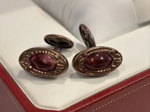 Vintage Manschettenknöpfe Jugendstil Rubin Wirbel Zaphrit Kunstglas Kupfer - Bild 1 von 8