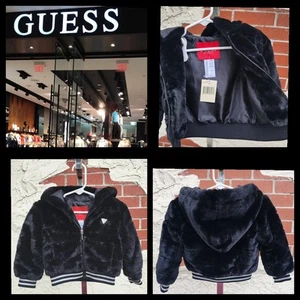 2T toddler girls GUESS faux fur black jacket hooded kids size 2 - Picture 1 of 11
