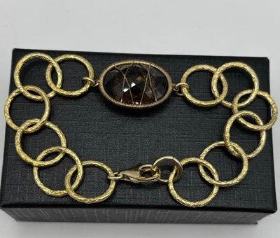 Brazalete Dorado Vermeil Enlazado Redondo Texturizado Grande Facetado Piedra Marrón Tono Dorado Foto 1 de 4