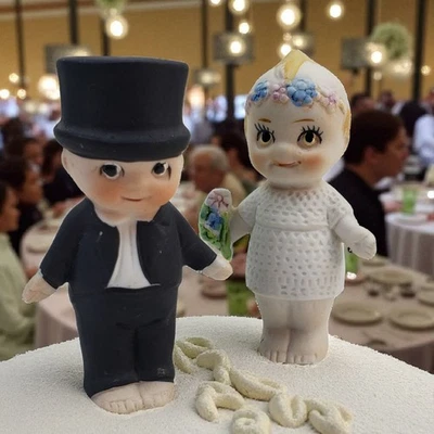 Vintage Art Deco Style Bisque Kewpie Bride And Groom Wedding Cake Topper 3 In - Image 1 of 4