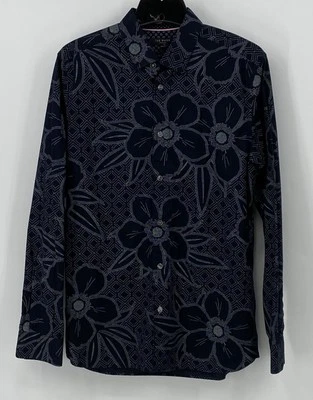 Camisa Ted Baker Usada Para Hombre Manga Larga Grande Azul Marino Patrón Floral Usada en Excelente Condición Foto 1 de 4