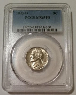 1943 D Jefferson Silver Nickel MS65 FS PCGS Light Toning - Image 1 of 2