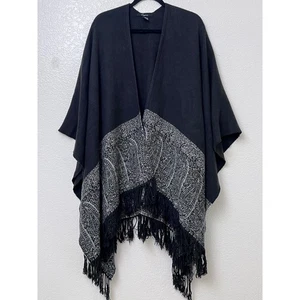Cejon Womens Black Paisley Fringed Cape Shawl Poncho One Size Open Front - Picture 1 of 7