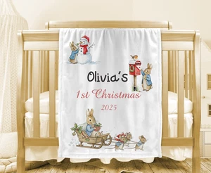 Custom Baby blankets festive blue bunny Christmas memory item - Picture 1 of 2