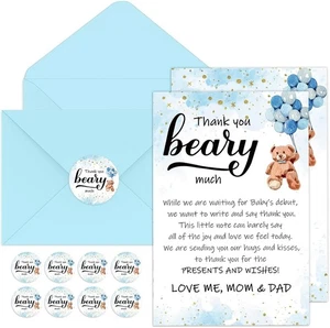 Kisston 50 Sets Bear Baby Shower Thank You Cards 50 Envelopes and Stickers BLUE - Picture 1 of 7