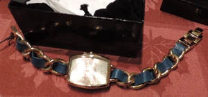 NEW OLD STOCK Joan Rivers Classics Damenuhr goldfarben geflochten blaues Leder 8" - Bild 1 von 2