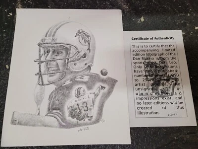 Impresión litográfica Dan Marino Dolphins 10x12 Don Leo edición limitada #'d/250 Foto 1 de 4