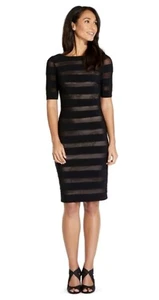 Adrianna Papell Womens Short Sleeve Illusion Banded Sheath Dress Black Multi 2 - Picture 1 of 8