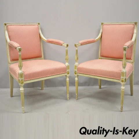 Pair Italian Neoclassical Parcel Gilt Cream Louis XVI Directoire Arm Chairs (B) Cover