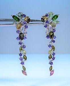 TOURMALINE CHROME DIOPSIDE AMETHYST EARRINGS 4.68 CTW 14k WHITE GOLD/925 SILVER