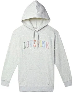 Victoria's Secret LOVE PINK BLING CAMPUS Pullover HOODIE Grey Rainbow S. New - Picture 1 of 10