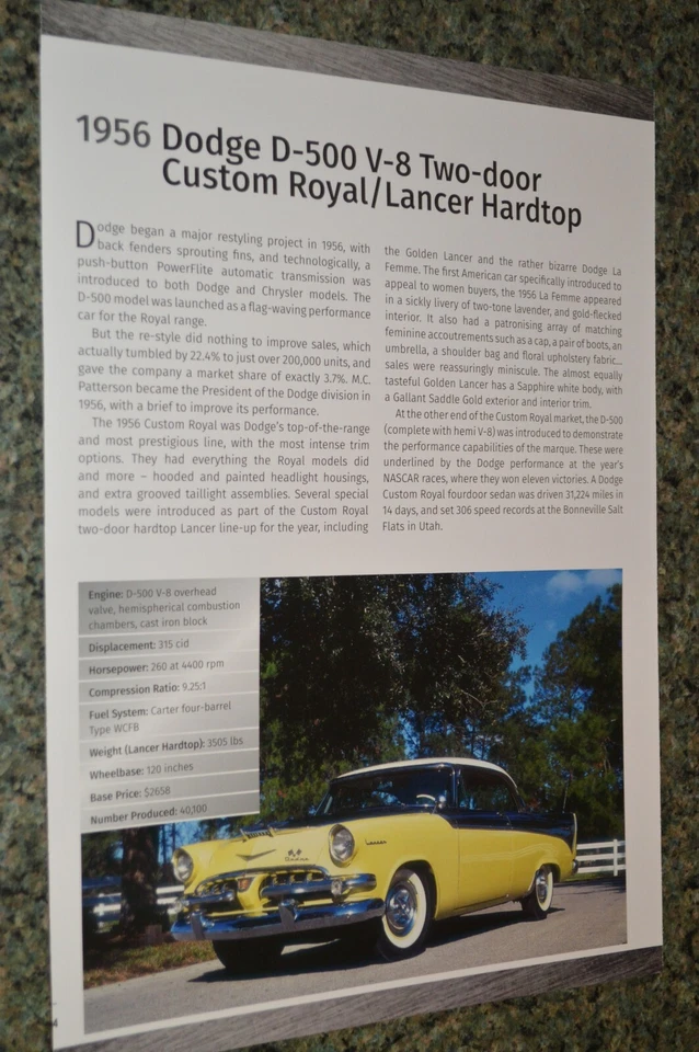 Dodge Dart D500 1956 personalizado Royal Lancer hoja de especificaciones foto característica impresión 6 Foto 1 de 1