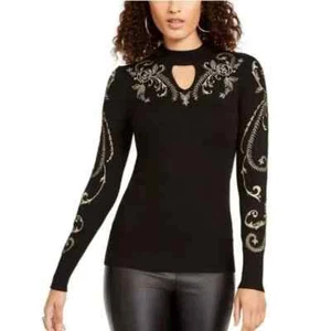 Thalia Sodi Emblem Keyhole Sweater Size Medium Black w/ Gold Embroidered Floral - Picture 1 of 13