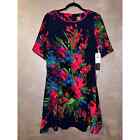 Vince Camuto Navy Blue Floral Fit & Flare Short Sleeve Dress 14 NWT 