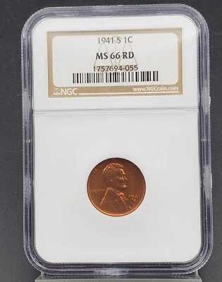 1941 S Lincoln Wheat Cent Penny Coin NGC MS66 RD RED #055 Gem BU Certified - Image 1 of 4