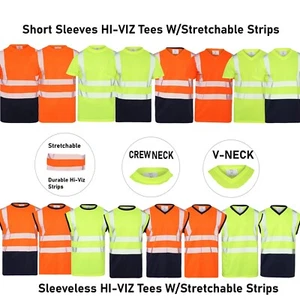 Mens Hi-Viz Vis High Visibility Reflective Stretchable Strips Work T-Shirt Top - Picture 1 of 17