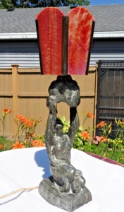 1920's Art Deco Table Lamp with Red Slag Glass Shade Hemera Greek Goddess Light - Picture 1 of 23
