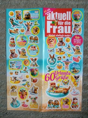 1 gr. Aufkleber-Bogen 60 Urlaubs-Grüße Tiere Sommer Text  von Zeitschrift - Bild 1 von 2