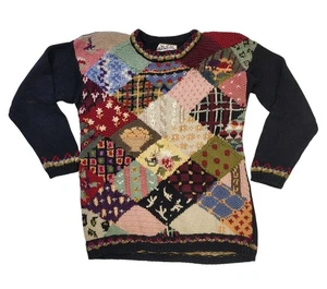 Heirloom Collectibles Med Knit Sweater 90s Granny Square Colorful Patchwork Vtg - Picture 1 of 9