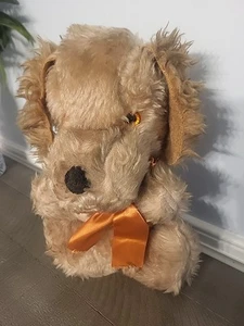 Vintage Brown Dog Orange Glass Eyes/Bow 11" Tall 70's Antique Plush - Picture 1 of 8