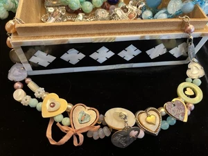 Reminiscence Multiple Pink Golden Heart Art Glass Beads Necklace Vintage Choker - Picture 1 of 5
