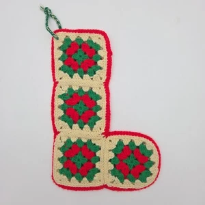 Vintage Gehäkelter Weihnachtsstrumpf Granny Square rot weiß grün 13" sauber! - Bild 1 von 4