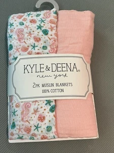 New Kyle & Deena 2-Pk Muslin Swaddling Baby Blankets Seahorse Shells Pink Green - Picture 1 of 6