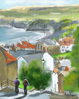 Cartão de arte ACEO ATC pintura impressão paisagem acrílica assinada vila inglesa - Imagem 1 de 2