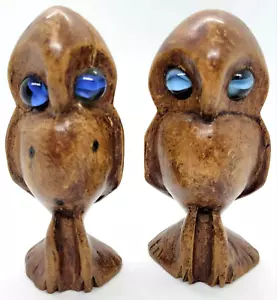 Holzeule Paar handgeschnitztes Glas Marmor Augen blau 2er Set Retro - VINTAGE - Bild 1 von 20