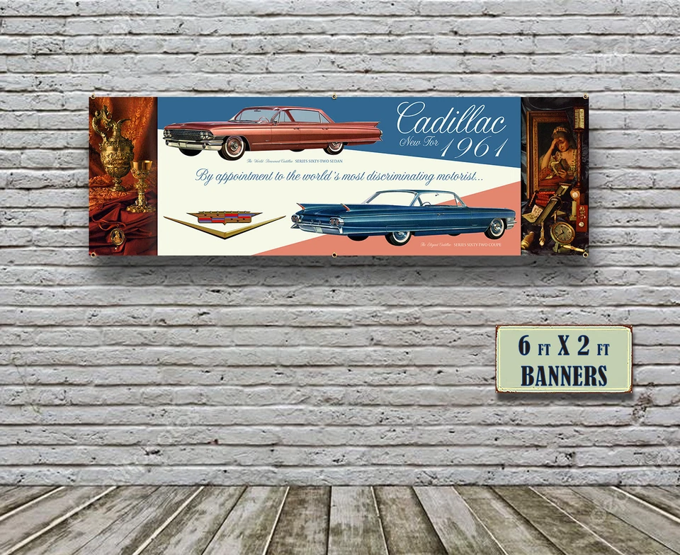 1961 Cadillac Dealer Garage Banner Sedan V8 Coupe Sixty Two Hardtop Caddy - Image 1 of 3