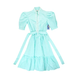 NWT Vintage 1970's Jerri Jee New York Metallic Aqua Midi Dress Floral Ruffle - Picture 1 of 9