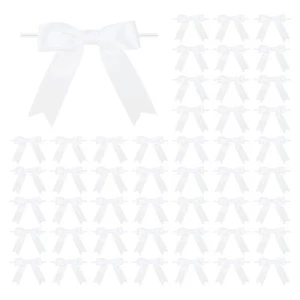 50 Pcs Satin Twist Tie Ribbon Bows 3 Inch White for Wedding Treat Bags - Picture 1 of 8