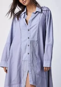 Free People Remade Dress Shirt Maxi Expose Seaming Button Up Oversize Blue S NEW - Picture 1 of 5