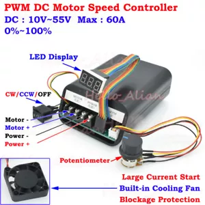 DC 10-55V MAX 60A PWM Motor Speed Controller CW CCW Revesible Switch 12V 24V 48V - Picture 1 of 4