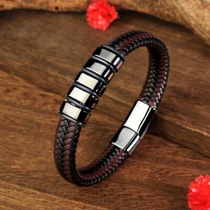 Black Brown Stainless Steel Men's Braided Leather Bracelet Magnetic Clasp Bangle - Picture 1 of 7