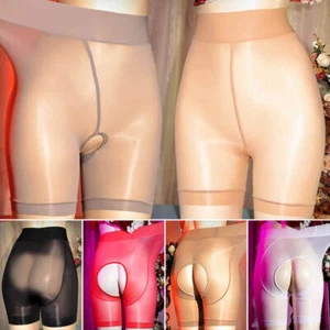 Womens Sheer Open Crotch Boxer Shorts Underwear Shiny Glossy See-through Panties - Picture 1 of 22