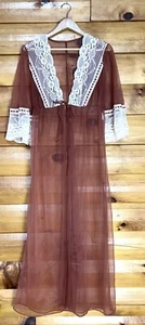 Vintage durchsichtige lange Robe Chiffon Mitte Krawatte vorne braun Spitzenborte Damen M - Bild 1 von 11