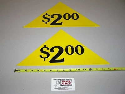 SNACK ATTACK (2) SODA VENDING MACHINE LARGE YELLOW $2.00 PRICE DECALS / Free Ship!