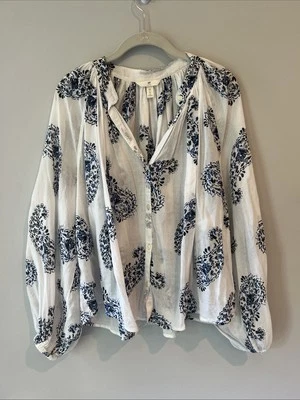Blusa Top H&M Azul Blanco Cachemira Mangas Globo Ligera Algodón Costero 6 Foto 1 de 4