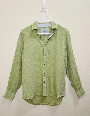 Report Collection Resort Mens Medium 100% Linen Short Sleeve White Green Trim - Image 1 of 4