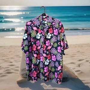  Camisa Para Hombres Talla 2x Isla Flamenca Negra Rosa Floral Playa Crucero Luau Tiki Bar - Imagen 1 de 14