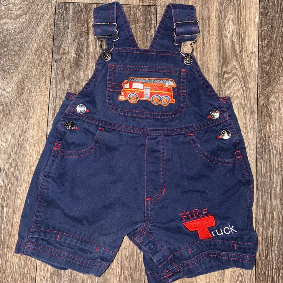 Macacão vintage anos 90 Y2K azul caminhão de bombeiros bebê tamanho 12 Mo - Imagem 1 de 4