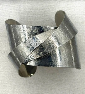 Textured Floral Abstract Modernist Silver Tone Chunky Open End Cuff Bracelet - Picture 1 of 20