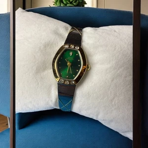 Vintage Sarah Coventry grüne Uhr Kristall Lünette Quarz Diamant Akzent 7,25" - Bild 1 von 7