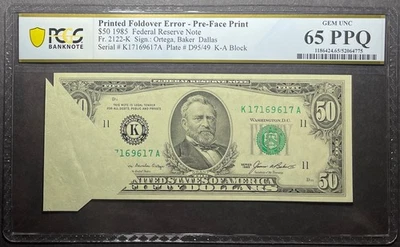 $50 1985 FRN Dallas - Pre-Face Print Printed Fold - Foldover Error - PCGS 65 PPQ - Image 1 of 2